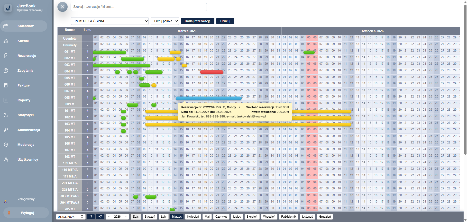 Kalendarz obłożenia i rezerwacji